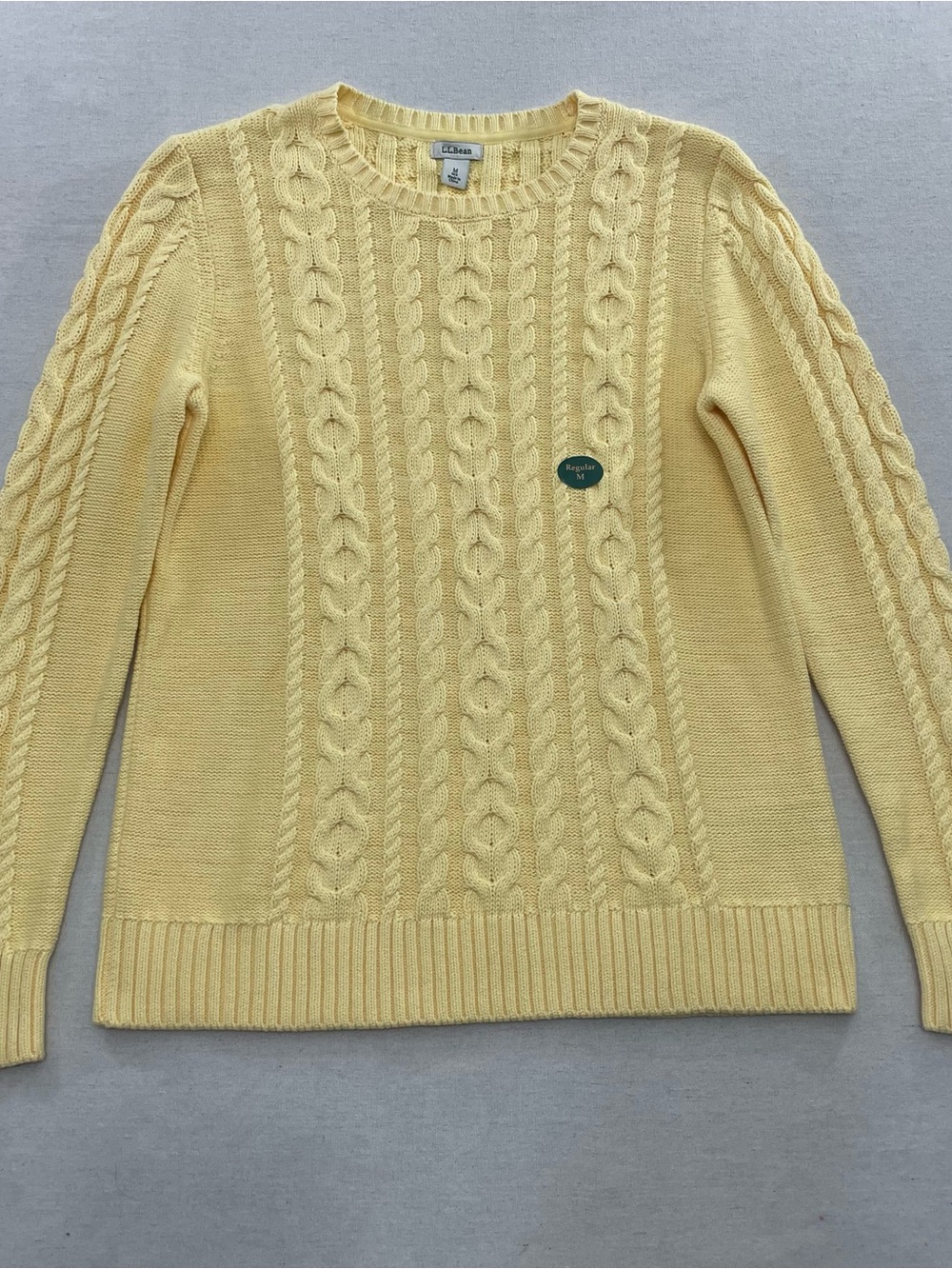 NWT LL Bean Cable Knit Fisherman Sweater Women M Pullover Cotton Yellow Thick